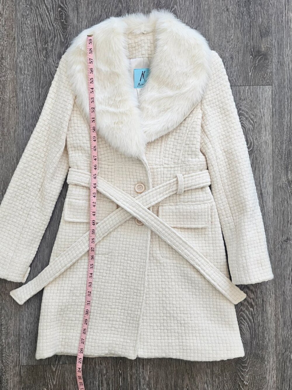 Marciano Cream Wool Blend Belted Coat Faux Fur Collar M - Picture 11 of 13